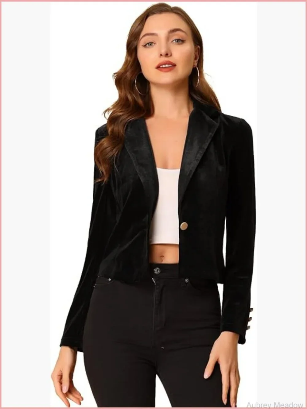 Women's 1 Button Velvet Blazer Lapel Crop Suit Jacket